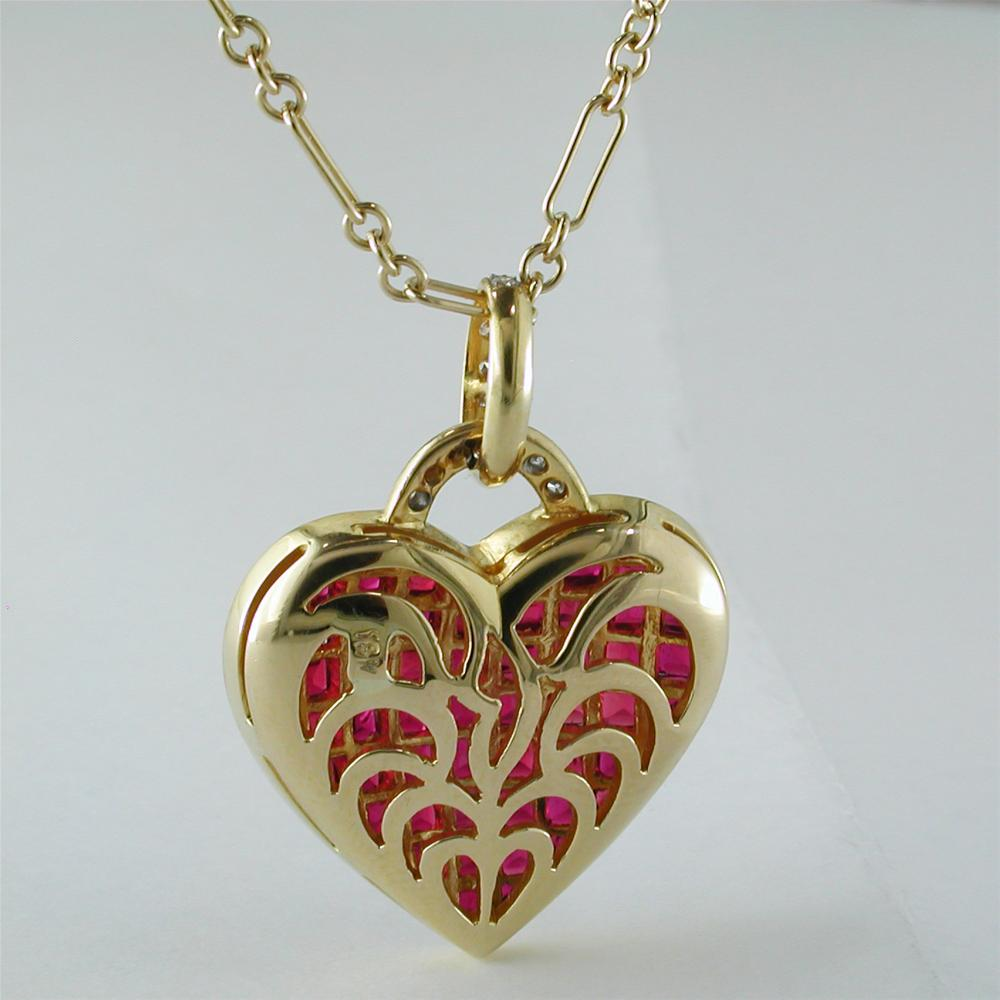 Vintage Estate Invisible Set Ruby Gold Heart Pendant Necklace