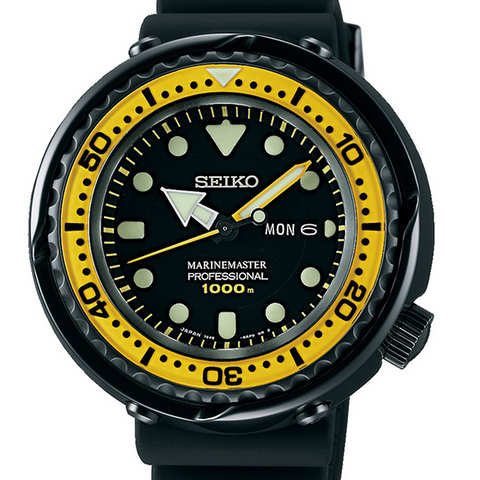 Seiko Prospex Marine Master Quartz Black & Yellow Titanium Bezel Watch SBBN027