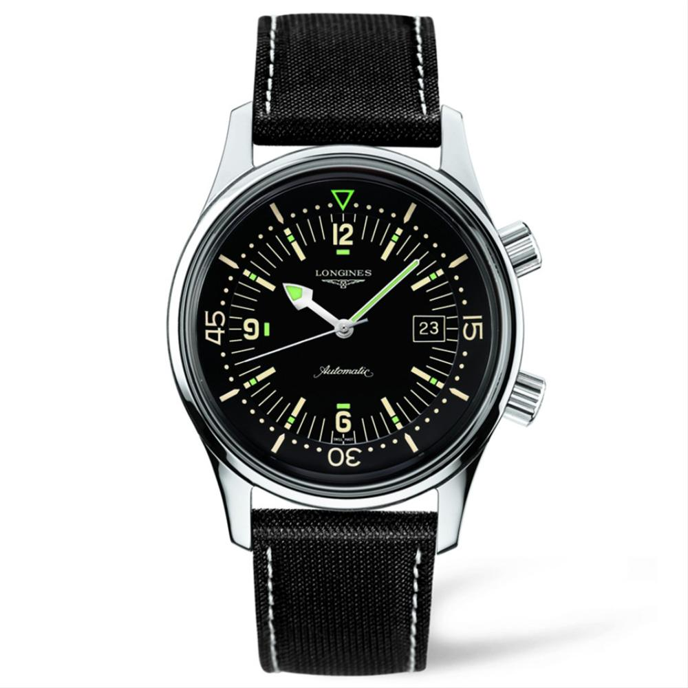 Longines Legend Diver Watch Automatic Black Dial Steel Kevlar Strap 42mm L3.674.4.50.0