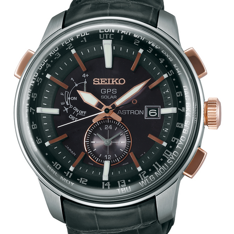 Seiko Astron Solar GPS Steel & Rose Gold 48mm Watch, Crocodile Strap SAS038