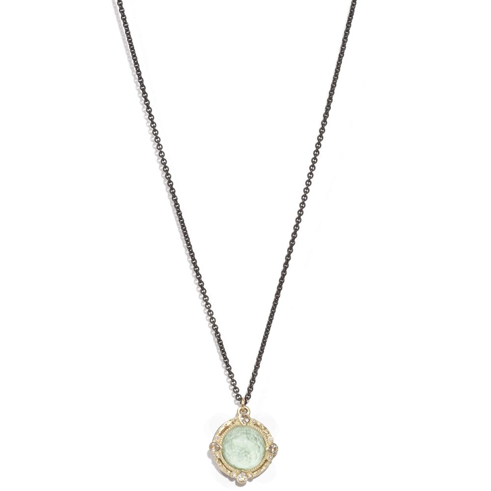 Armenta Round Enhancer with Green Turquoise & Quartz Doublet Oxidized Silver & Yellow Gold Necklace