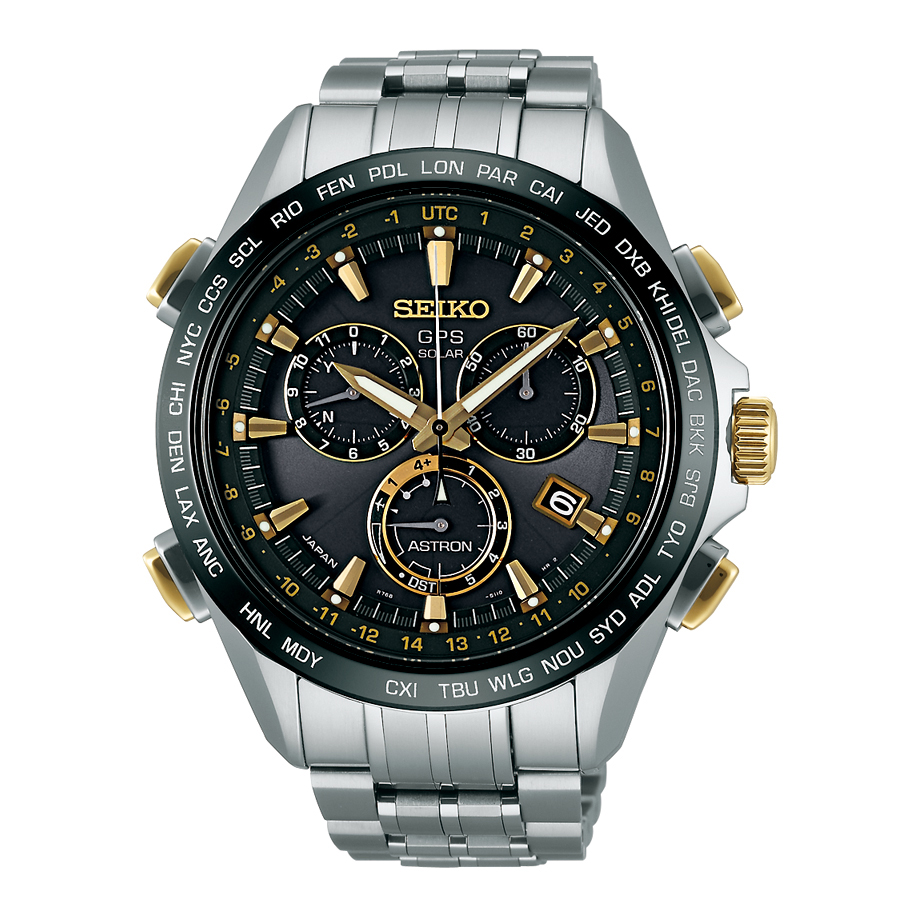 Seiko Astron GPS Solar 44.6mm Watch Titanium with Yellow Gold & Ceramic Bezel Black Dial Series 8X82 SSE007