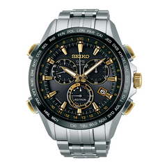 Seiko Astron GPS Solar 44.6mm Watch Titanium with Yellow Gold & Ceramic Bezel Black Dial Series 8X82 SSE007