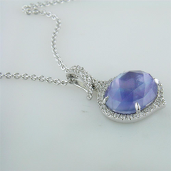 Doves Ivory Sky Blue Lapis, Mother of Pearl, & Topaz Diamond Halo Oval Pendant Necklace