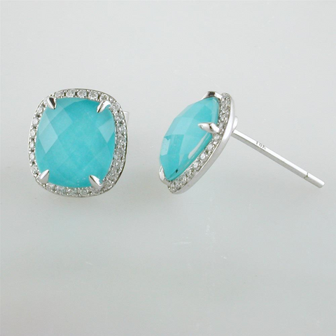 Doves "St. Barth's Blue" Turquoise, Topaz & Diamond Halo Cushion 18K White Gold Earrings
