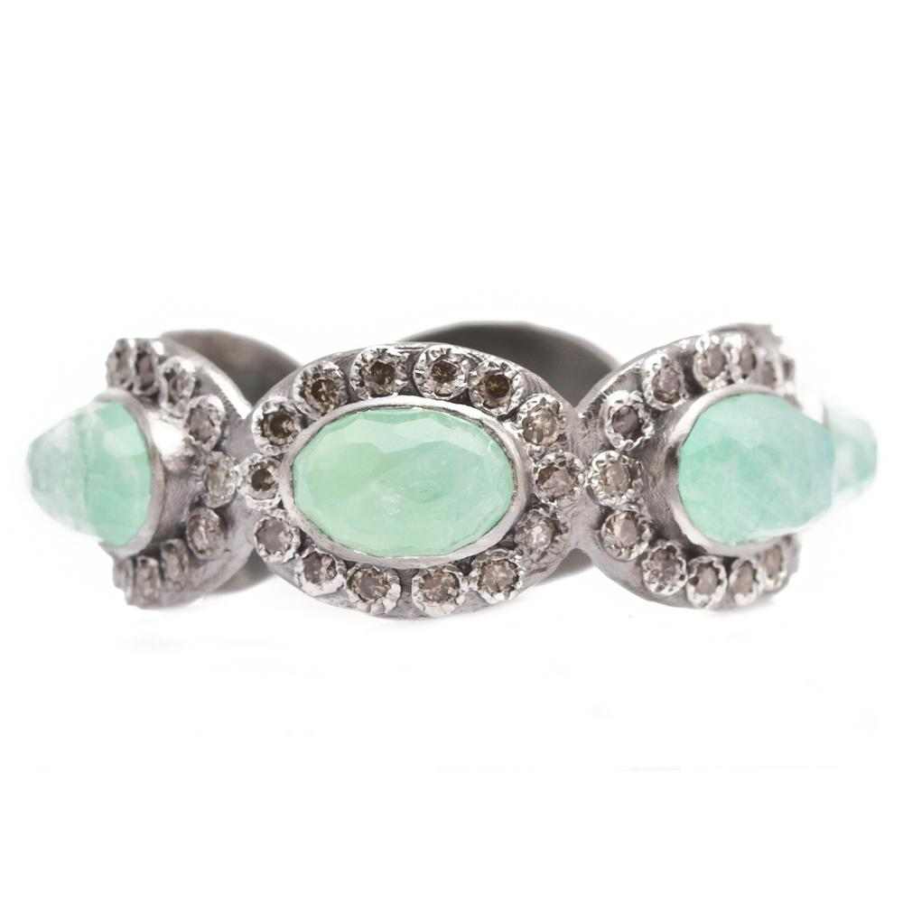 Armenta Oval Chrysoprase & Moonstone Silver Stackable Band Ring with Diamonds from New World Collection