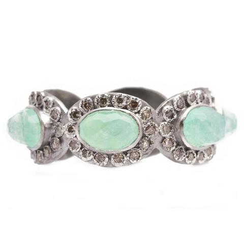 Armenta Oval Chrysoprase & Moonstone Silver Stackable Band Ring with Diamonds from New World Collection