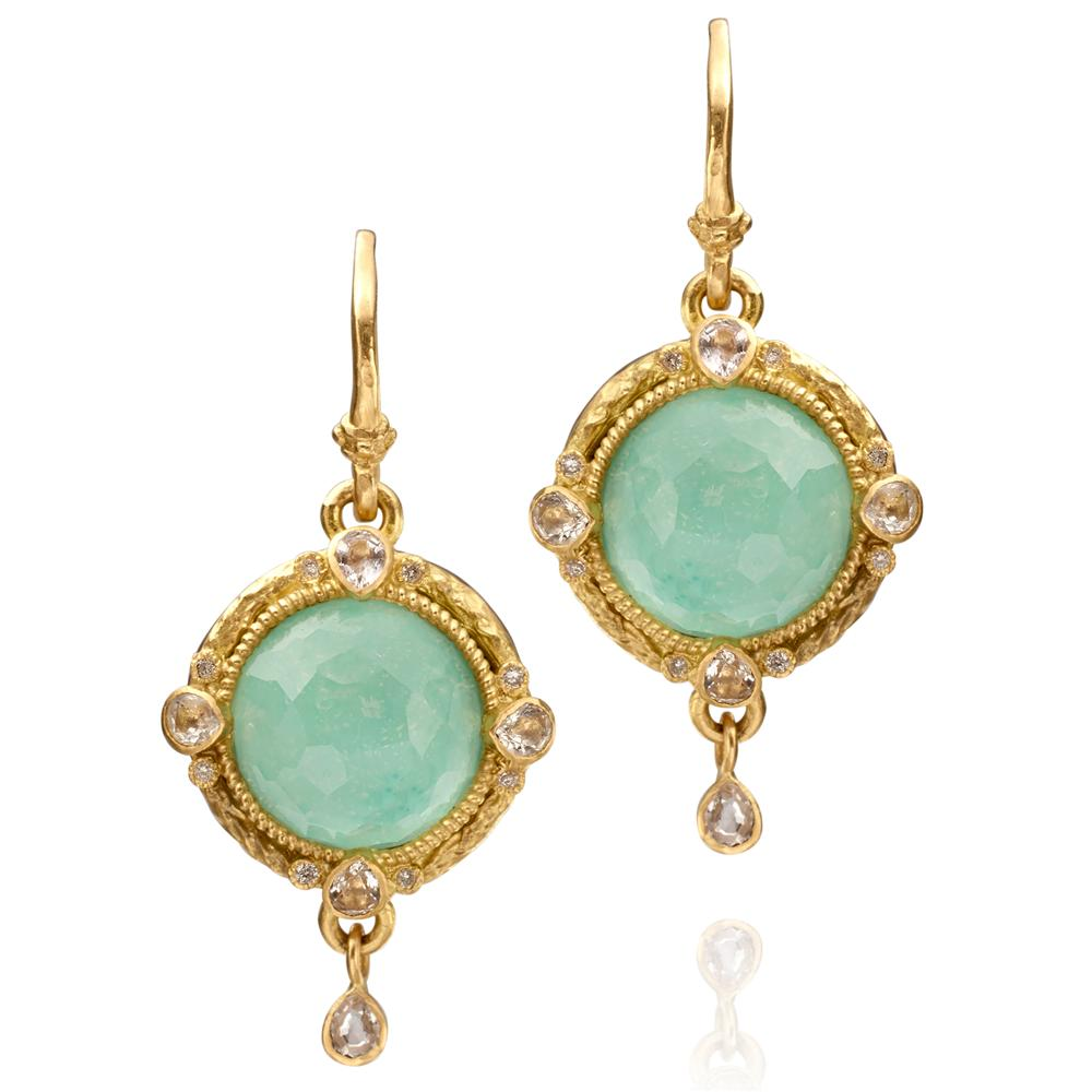 Armenta Old World Round Turquoise, Quartz, & Diamond Yellow Gold Medallion Earrings