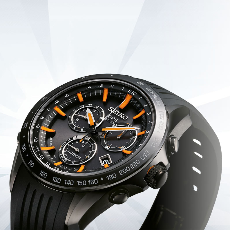 Seiko Astron Solar GPS Ceramic Black Stainless Orange 44.6mm Watch SSE017