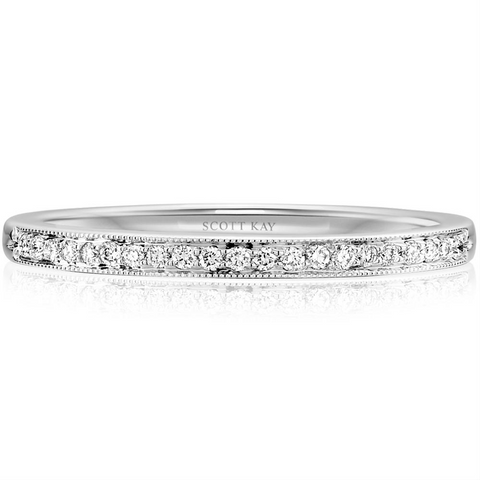 Scott Kay Milgrain Thin Narrow Diamond Wedding Band Ring 19K White Gold