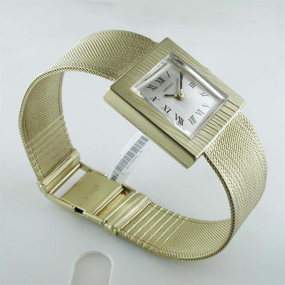 Vintage Estate Longines Square Men's 14K Yellow Gold Watch with Mesh Bracelet Box & Papers