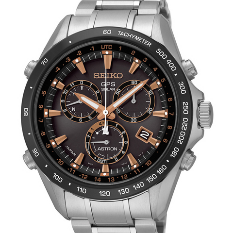 Seiko Astron GPS Solar 44.6mm Watch Stainless Steel with Rose Gold & Ceramic Bezel Black Dial Series 8X82 SSE033