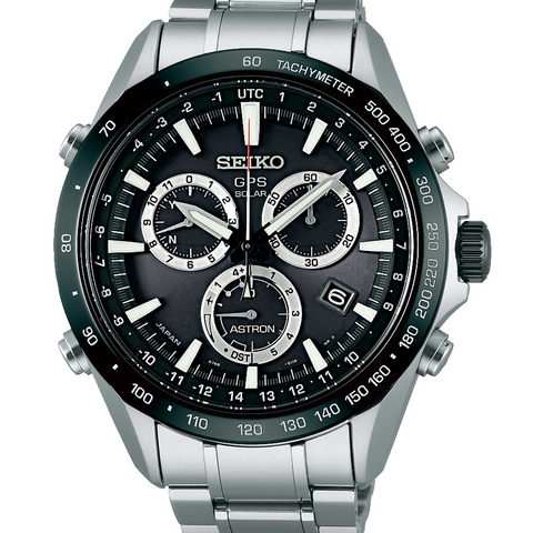 Seiko Astron GPS Solar 44.6mm Watch Stainless Steel with Ceramic Bezel Black Dial SSE011