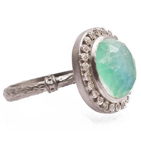 Armenta Oval Chrysoprase & Moonstone Silver Ring with Diamonds from New World Collection