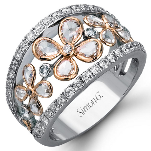 Simon G. Iris Flower Rose Cut Diamond Right Hand Ring Pink & White Gold DR260