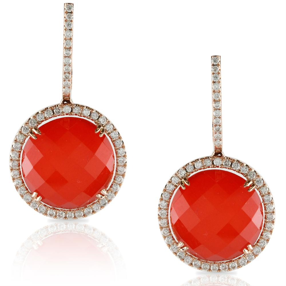 Doves "Crimson Couture" Red Carnelian & Diamond Round Rose Gold Earrings