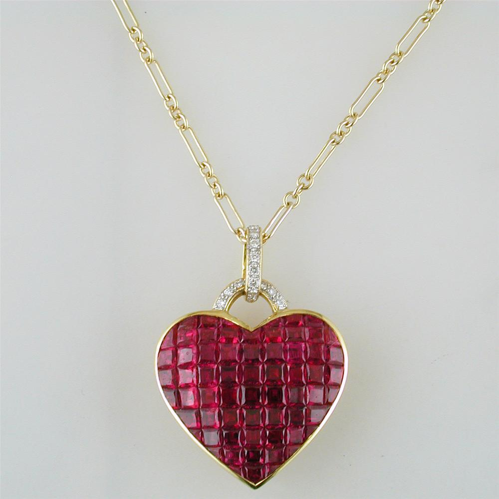 Vintage Estate Invisible Set Ruby Gold Heart Pendant Necklace