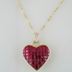 Vintage Estate Invisible Set Ruby Gold Heart Pendant Necklace