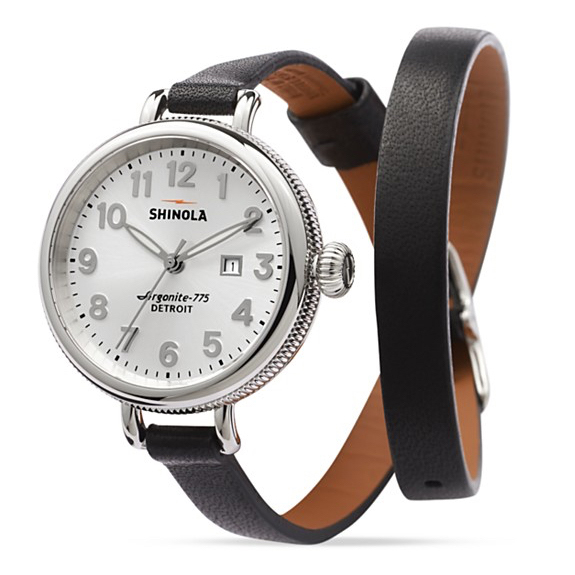 Shinola Birdy 34mm Double Wrap Black Leather Strap Silver Watch 10000204