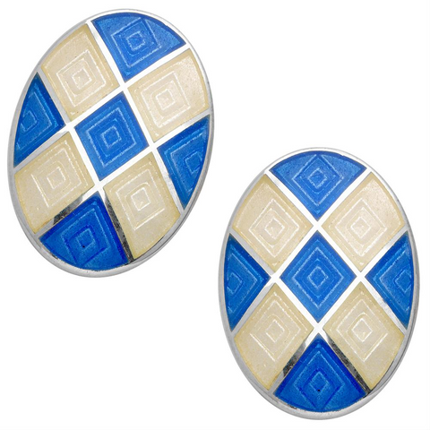 Deakin & Francis Oval White & Steel Blue Harlequin Enamel Silver Cufflinks