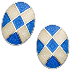 Deakin & Francis Oval White & Steel Blue Harlequin Enamel Silver Cufflinks