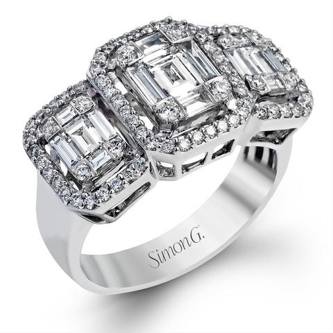 Simon G. Emerald Shape Baguette Halo Three Stone Illusion Engagement Ring LP2261
