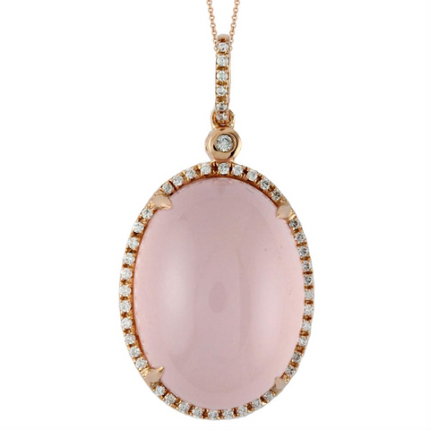 Doves "Bella Rosa" Oval Milky Rose Quartz & Diamond 18K Gold Pendant Necklace