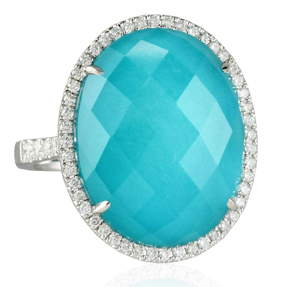 Doves "St. Barths" Blue Turquoise, White Topaz, & Diamond Halo White Gold Blue Oval Ring