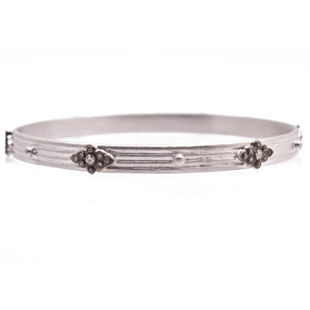 Armenta Wide Stackable Silver Bangle Bracelet with Champagne Diamond Scroll Stations