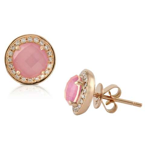 Doves "Bella Rosa" Milky Rose Quartz & Diamond Stud Earrings 18K