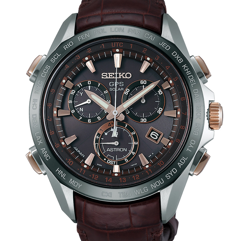 Seiko Astron GPS Solar 8 series Titanium & Ceramic Bezel Watch Black Dial Rose Gold 44.6mm SSE025