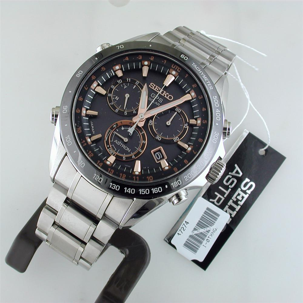 Seiko Astron GPS Solar 44.6mm Watch Stainless Steel with Rose Gold & Ceramic Bezel Black Dial Series 8X82 SSE033