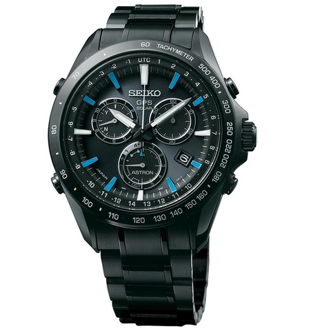 Seiko Astron Solar GPS Ceramic Black Stainless Blue 44.6mm Watch SSE013