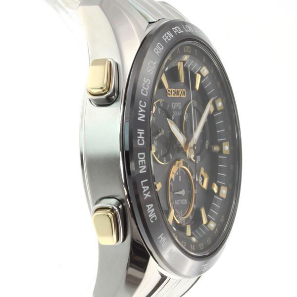 Seiko Astron GPS Solar 44.6mm Watch Titanium with Yellow Gold & Ceramic Bezel Black Dial Series 8X82 SSE007