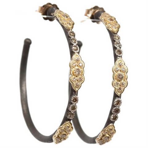 Armenta Old World 18 Karat Yellow Gold & Oxidized Sterling Silver Champagne Diamond Hoop Earrings E3951