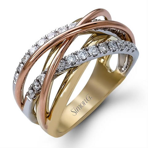 Simon G. Fabled Tri-color Yellow, White, Rose Gold Diamond Crossover Ring MR1854