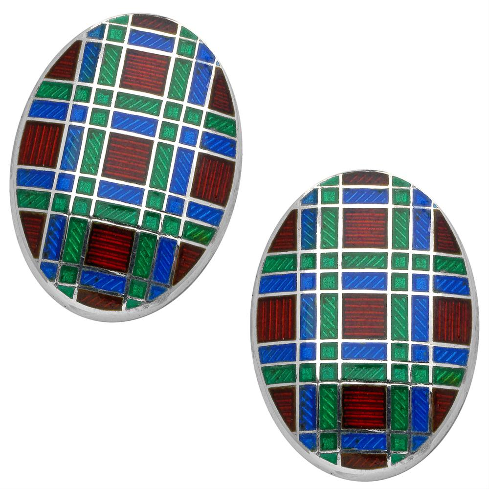 Deakin & Francis Oval Royal Blue, Green, Maroon Plaid Enamel Sterling Silver Cufflinks