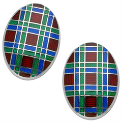 Deakin & Francis Oval Royal Blue, Green, Maroon Plaid Enamel Sterling Silver Cufflinks