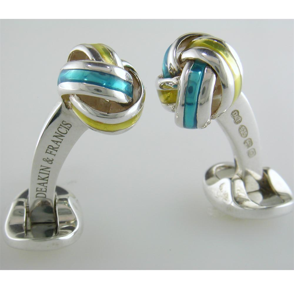 Deakin & Francis Blue & Yellow Enamel Sterling Silver Knot Cufflinks