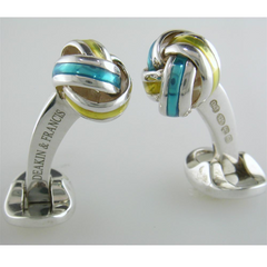 Deakin & Francis Blue & Yellow Enamel Sterling Silver Knot Cufflinks