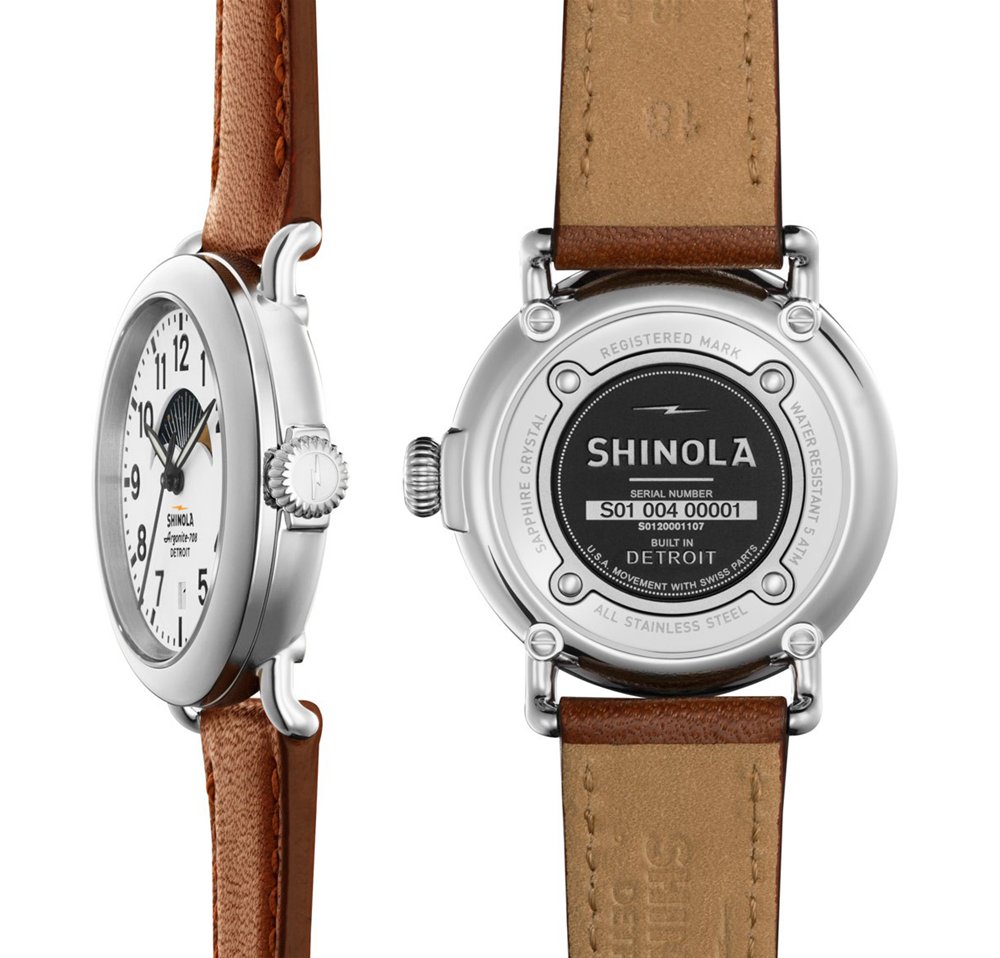 Shinola 36mm Ladies Moonphase White Dial Dark Cognac Leather Watch 20001107