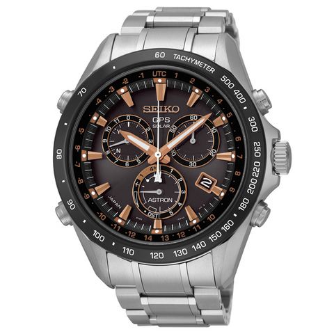 Seiko Astron GPS Solar 44.6mm Watch Stainless Steel with Rose Gold & Ceramic Bezel Black Dial Series 8X82 SSE033