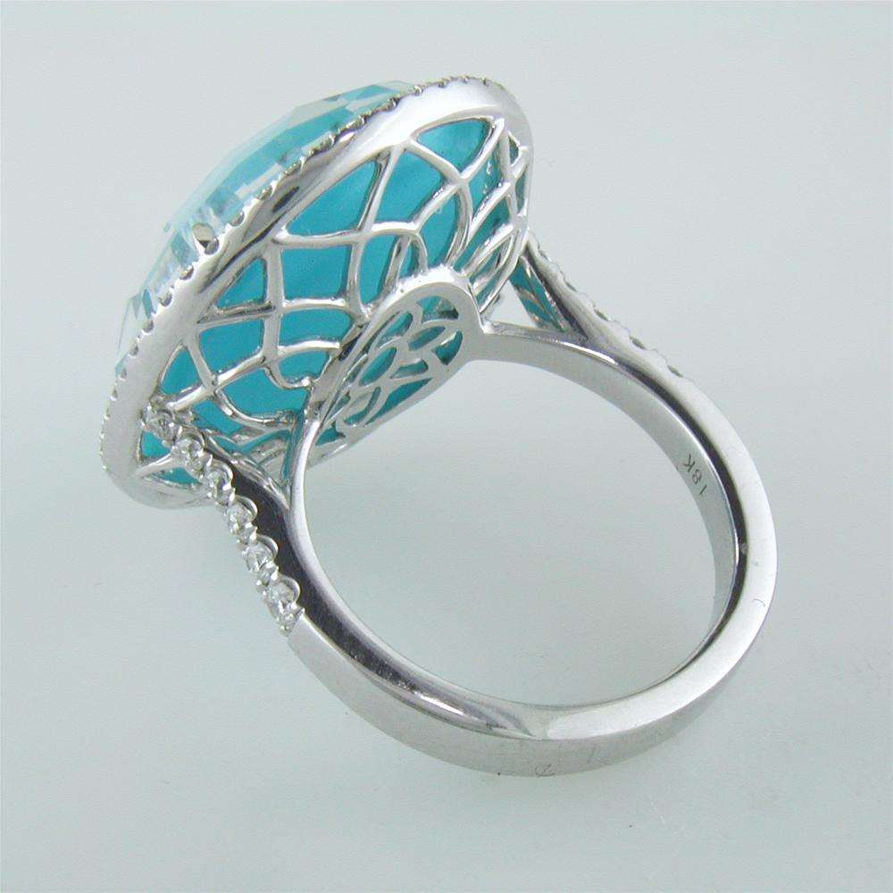 Doves "St. Barths" Blue Turquoise, White Topaz, & Diamond Halo White Gold Blue Oval Ring