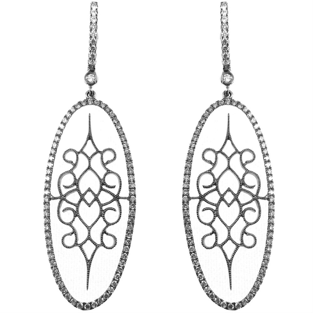 Doves "Gothica" Oval Filigree Diamond Dangle Drop Earrings 18K