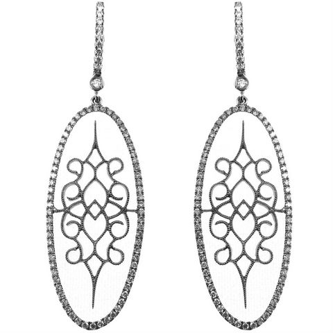 Doves "Gothica" Oval Filigree Diamond Dangle Drop Earrings 18K