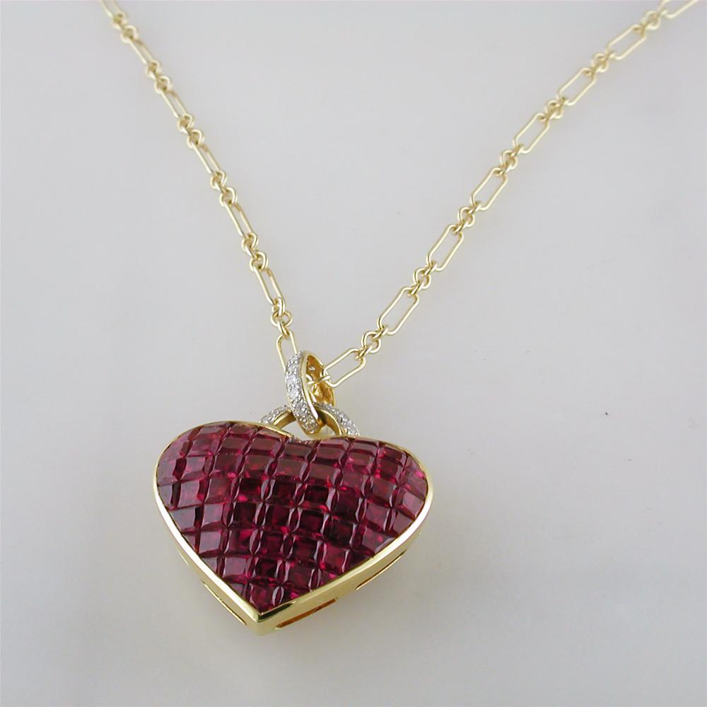 Vintage Estate Invisible Set Ruby Gold Heart Pendant Necklace