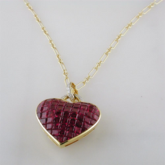 Vintage Estate Invisible Set Ruby Gold Heart Pendant Necklace