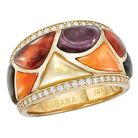 Kabana Riviera Multicolored Spiny Oyster with Mother of Pearl Yellow Gold Ring GRIF410MMS