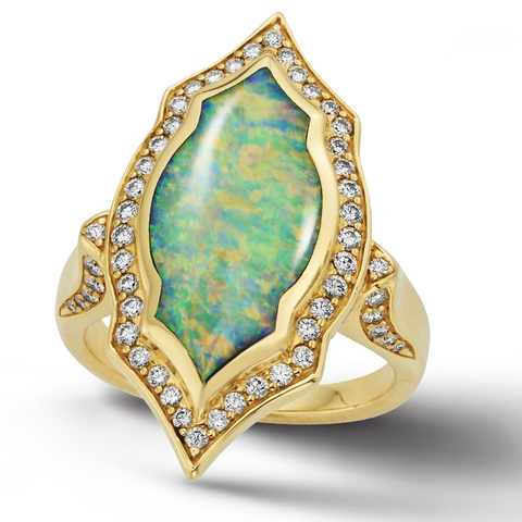 Kabana Opal Inlay Yellow Gold Diamond Gothic Ring GRIF553XX