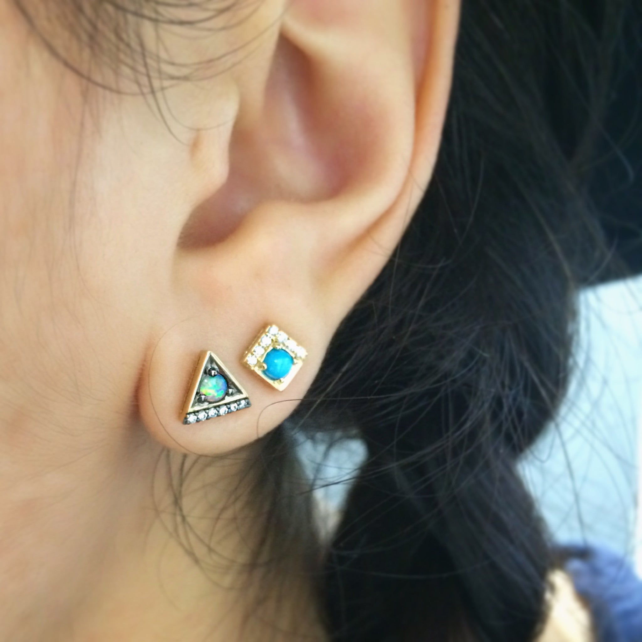 Jane Taylor Cirque Square 14K Yellow Gold Stud Earrings Turquoise & Diamonds
